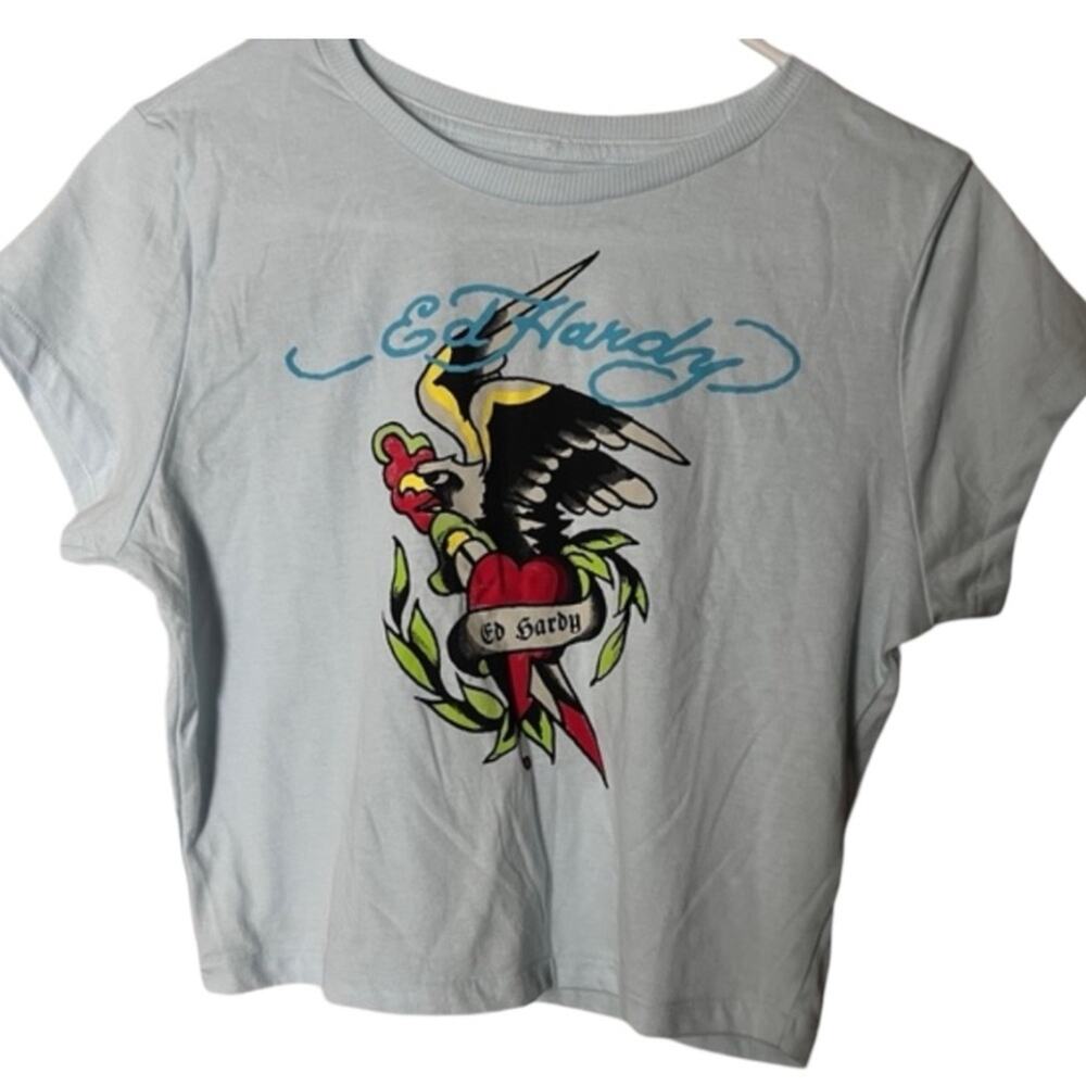 Ed Hardy Eagle  Heart Blue Graphic Crewneck Crop Tee in Blue NWT Sz L